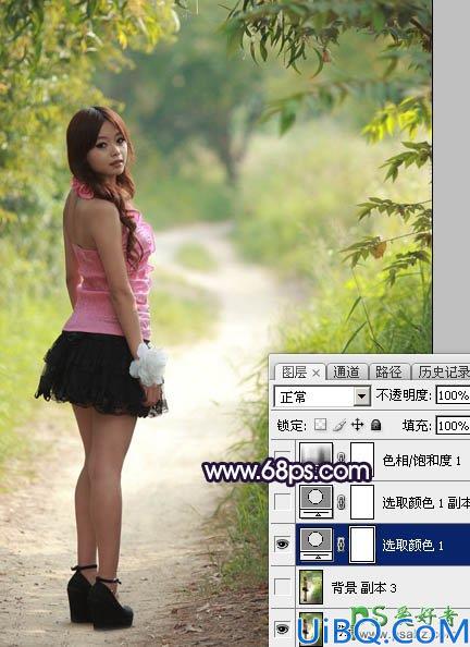 Photoshop调色教程：给树林中自拍的可爱女孩生活照调出秋季蓝紫色