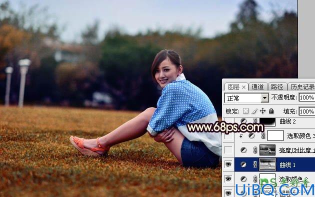 Photoshop调色教程：给外景草坪上的可爱美腿女孩生活照调出唯美的霞光色