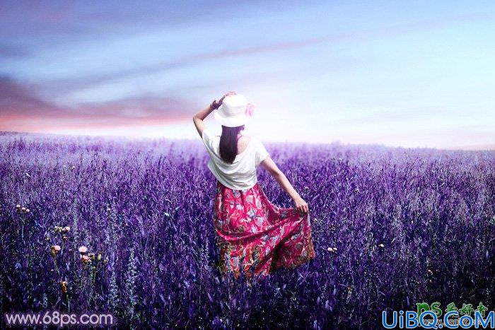 Photoshop美女后期调色：给草原上的唯美意境女生写真照调出魔幻的蓝紫色