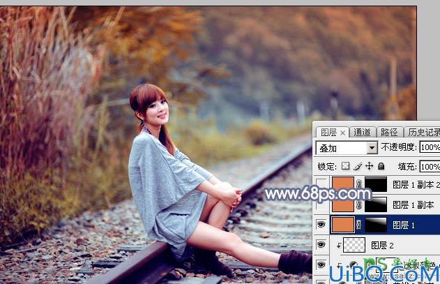 Photoshop给外景自拍的漂亮果子美眉写真照片调出甜美的秋景橙红