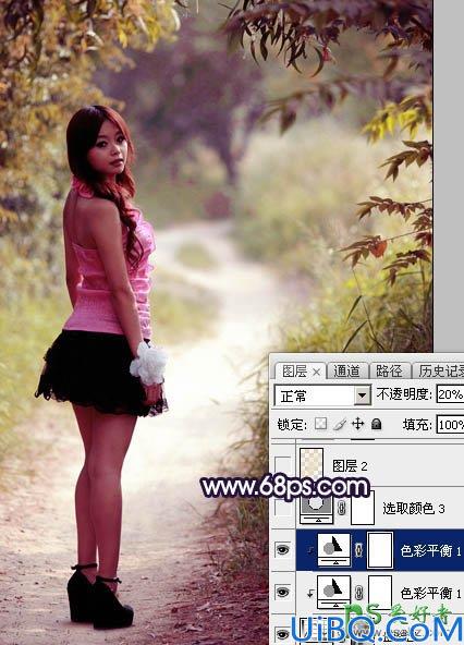 Photoshop调色教程：给树林中自拍的可爱女孩生活照调出秋季蓝紫色