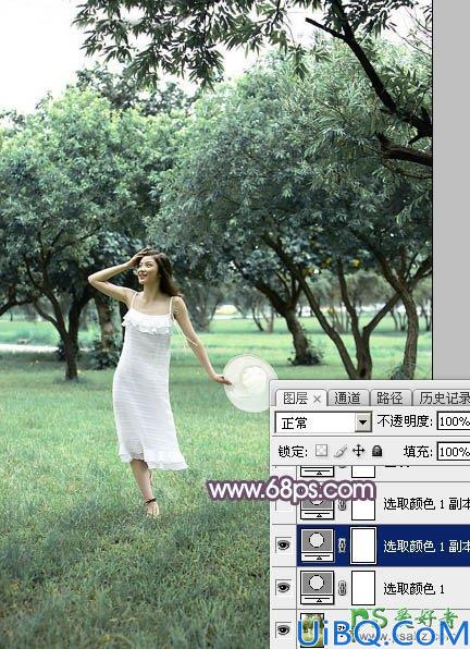 Photoshop美女图片调色教程：给树林中自拍的唯美女生照片调出淡调紫红色