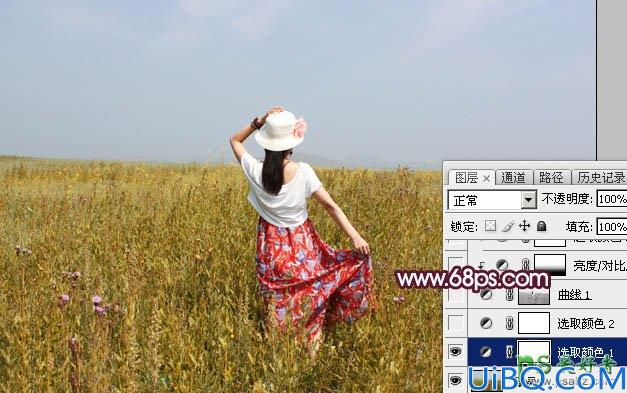 Photoshop给绿色草原上的唯美少女写真图片调出魔幻般意境红绿色