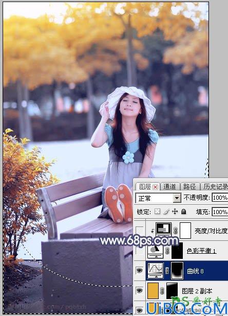 Photoshop调色教程：给公园里小清新可爱女生照片调出清爽的秋季蓝橙色效