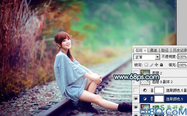 Photoshop漂亮女生照片调色：给外景铁路上的可爱女生照片调出甜美的青红