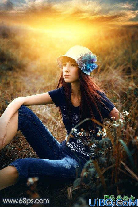 Photoshop美女图片调色：给草丛中自拍的欧美女生照片调出柔和的晨曦霞光