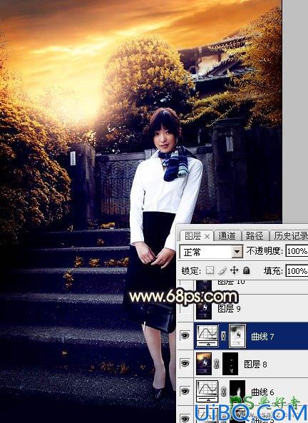 Photoshop给性感空姐制服美女外景写真图片调出唯美的夕阳霞光色