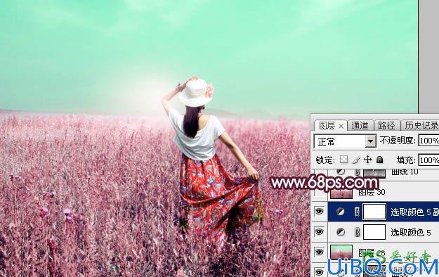 Photoshop给绿色草原上的唯美少女写真图片调出魔幻般意境红绿色