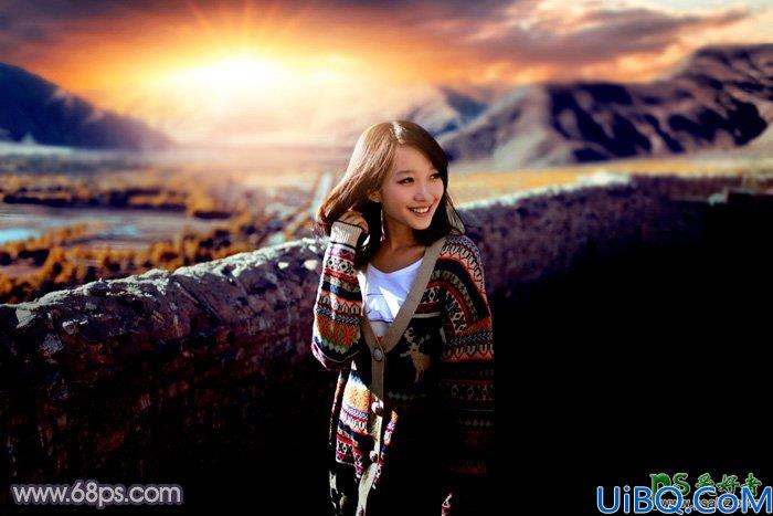 Photoshop调色教程：给高原风景区中自拍的可爱美女生活照调出灿烂的霞光