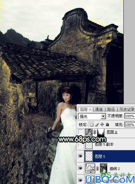 Photoshop婚片调色：给残旧古建筑中的美腿高跟婚片美女调出唯美的霞光色