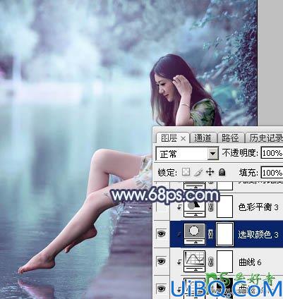 Photoshop调色教程：给水塘边的清纯玉腿美少女写真图片调出唯美的青蓝色