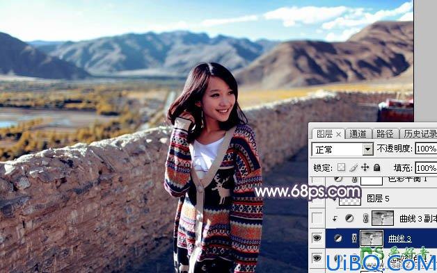 Photoshop调色教程：给高原风景区中自拍的可爱美女生活照调出灿烂的霞光
