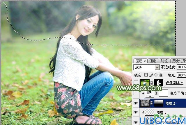 Photoshop给春天外景草地上自拍的甜美女生照片调出清新的粉绿色