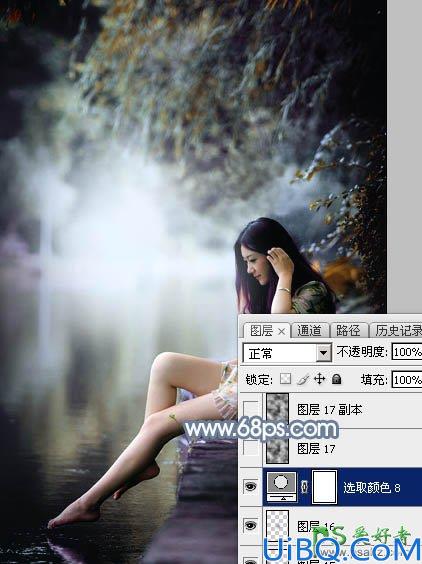 Photoshop给外景自拍的长腿美足少女生活照调出柔和的古典青蓝色