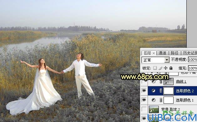 Photoshop婚片调色教程：给芦苇边自拍的情侣婚纱照调出唯美的晨曦色调