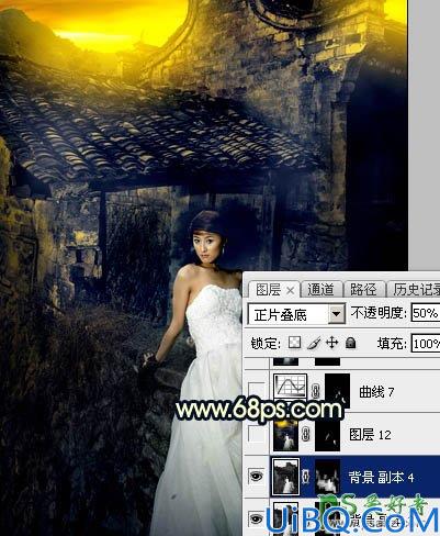 Photoshop婚片调色：给残旧古建筑中的美腿高跟婚片美女调出唯美的霞光色
