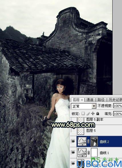 Photoshop婚片调色：给残旧古建筑中的美腿高跟婚片美女调出唯美的霞光色