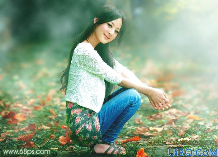 Photoshop给青青草地上自拍的性感果子美眉写真照调出唯美意境秋季青绿色