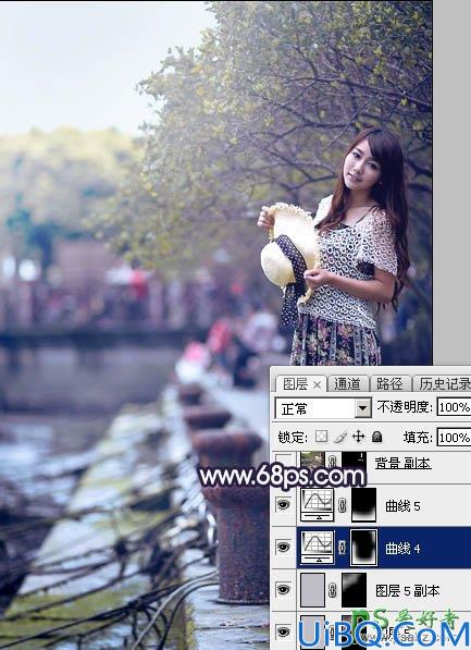 Photoshop给公园水池边自拍的性感连衣裙美少女图片调出唯美的秋季淡蓝色