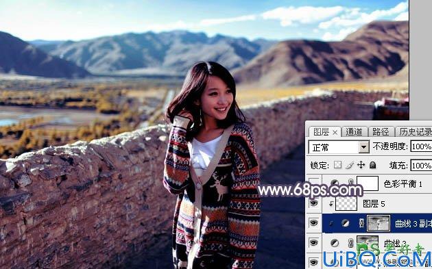 Photoshop调色教程：给高原风景区中自拍的可爱美女生活照调出灿烂的霞光