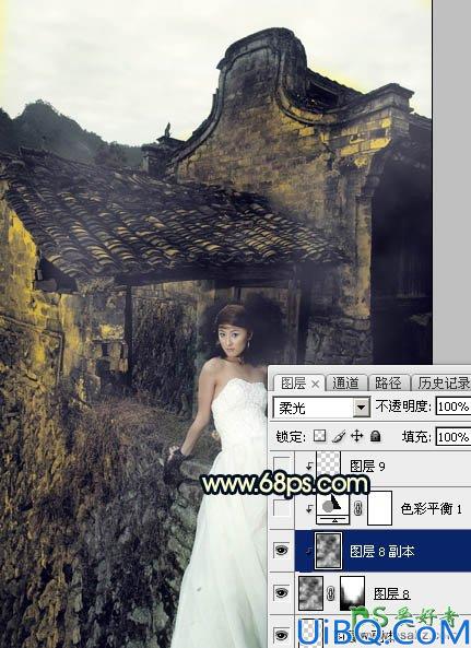 Photoshop婚片调色：给残旧古建筑中的美腿高跟婚片美女调出唯美的霞光色