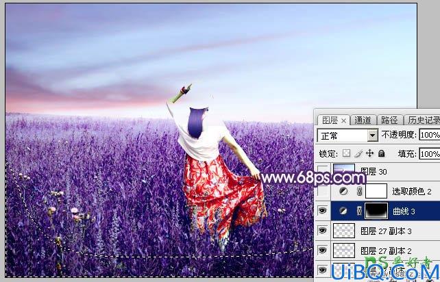 Photoshop美女后期调色：给草原上的唯美意境女生写真照调出魔幻的蓝紫色