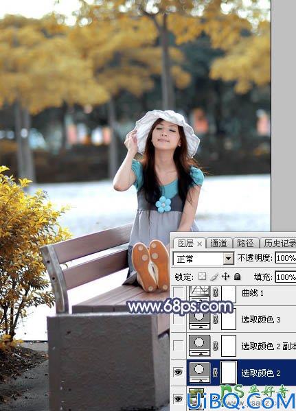 Photoshop调色教程：给公园里小清新可爱女生照片调出清爽的秋季蓝橙色效