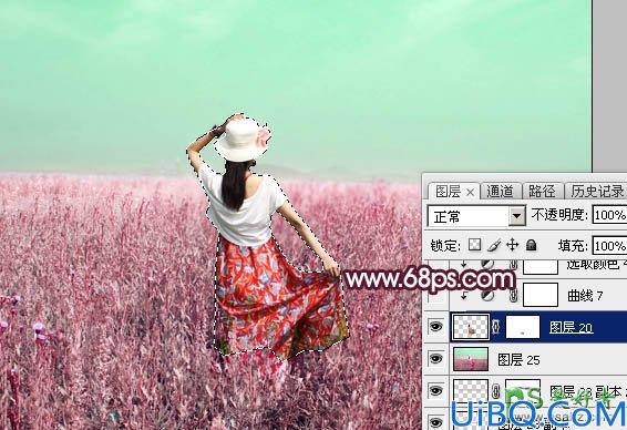 Photoshop给绿色草原上的唯美少女写真图片调出魔幻般意境红绿色