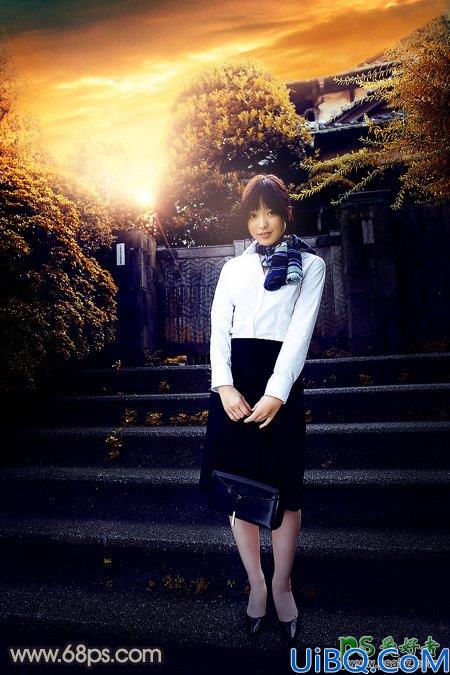 Photoshop给性感空姐制服美女外景写真图片调出唯美的夕阳霞光色