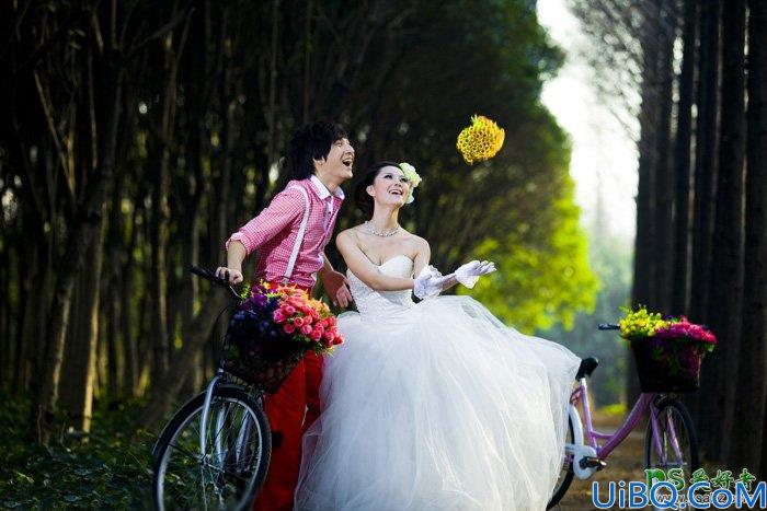 Photoshop婚片后期调色：给外景自拍的森系婚片男女照片调出漂亮的橙绿色