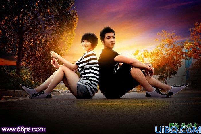 Photoshop调色教程：给一对清新浪漫的情侣街景照片调出漂亮的晨曦色