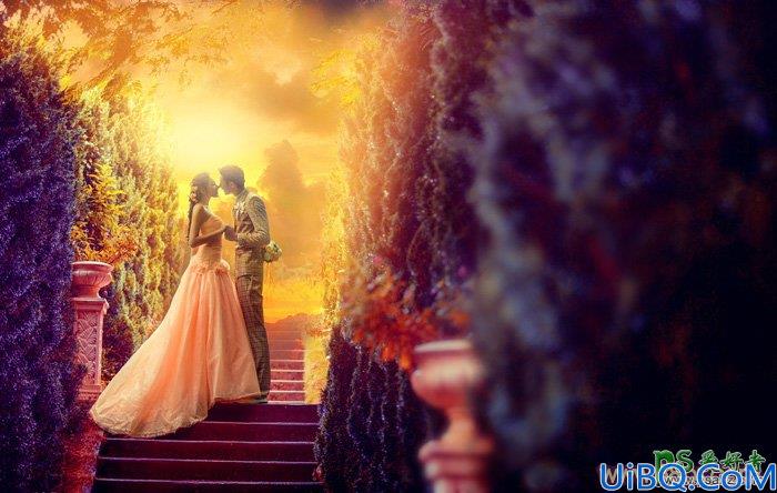 Photoshop婚片调色教程：给唯美的情侣婚片外景照调出黄调华丽的霞光色