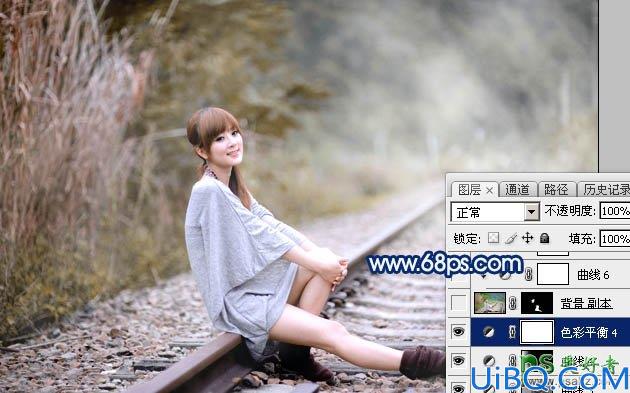 Photoshop美女后期调色教程：给铁路上的清纯女孩照片调出唯美的中性黄褐
