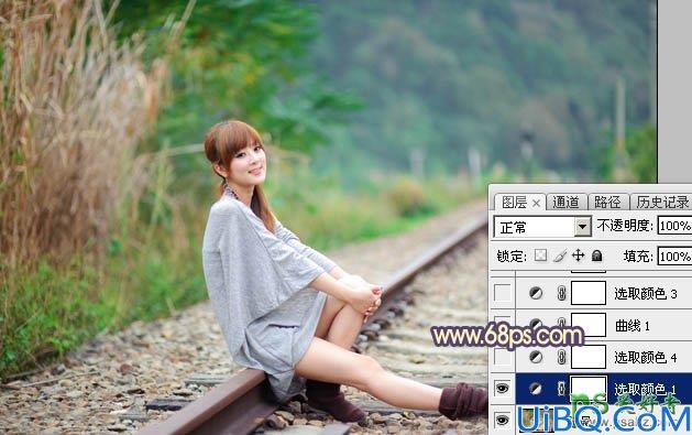 Photoshop美女照片调色实例：给铁轨上自拍的外景mm照片调出甜美的晨曦暖