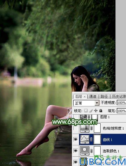 Photoshop美女后期调色：给漂亮的美腿女生生活照调出唯美的古典暗绿色效