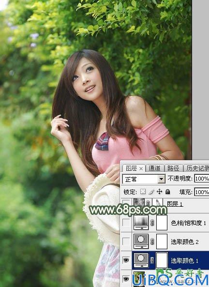 PhotoShop给绿色树林中自拍的女生照片调出唯美的秋季红褐色