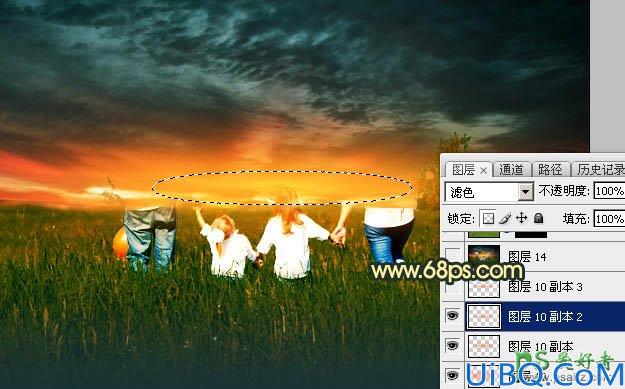 PhOtoshop给草原上的欧美一家人外景照片调出逆光效果的夕阳色