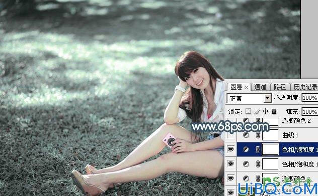 Photoshop美女调色：给绿草地上的可爱女孩儿生活照调出唯美的秋季淡蓝色