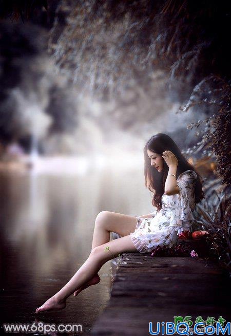 Photoshop美女图片调色：给湖边自拍的玉腿美足清纯少女写真照调出梦幻色