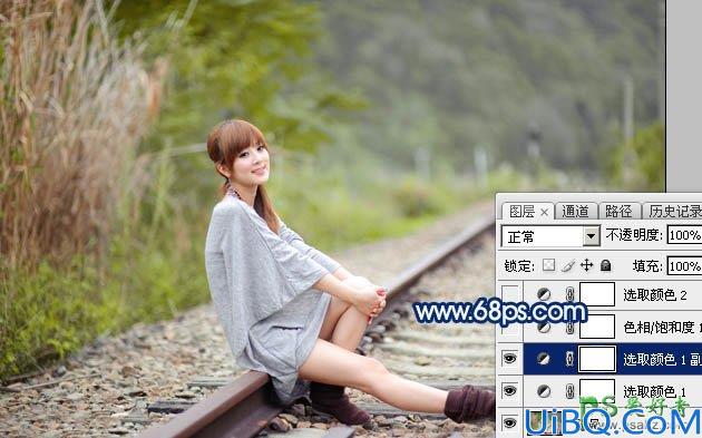 Photoshop美女后期调色教程：给铁路上的清纯女孩照片调出唯美的中性黄褐