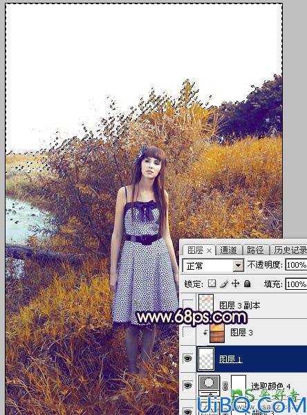 Photoshop给荒野中自拍的性感欧美美女唯美照片调出温暖的霞光色