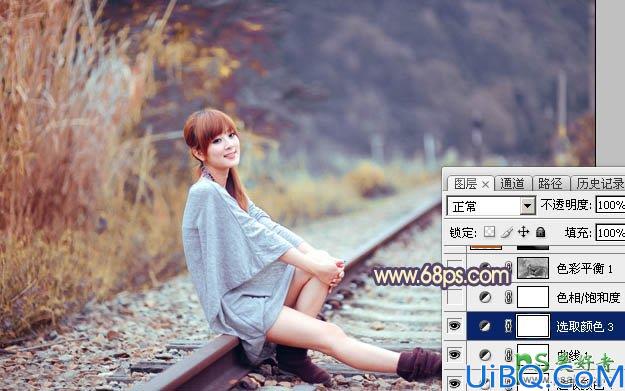 Photoshop美女照片调色实例：给铁轨上自拍的外景mm照片调出甜美的晨曦暖