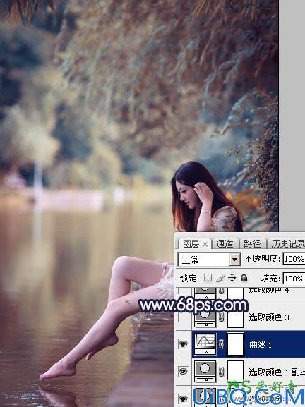 Photoshop给公园池塘边自拍的性感美女照片调出唯美的紫红色