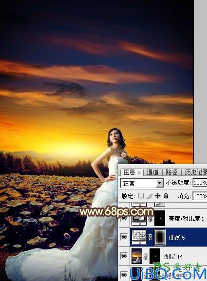 Photoshop婚纱照调色教程：给荷塘边外拍的美女大气婚纱照调出温暖的晨曦