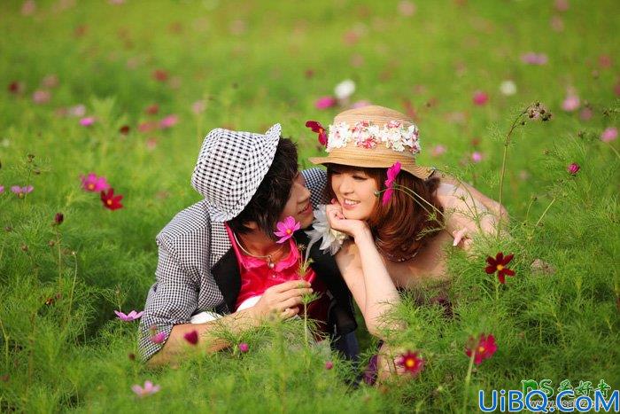 Photoshop婚片后期调色：给草丛中的唯美婚片写真图片调出梦幻的中性蓝灰