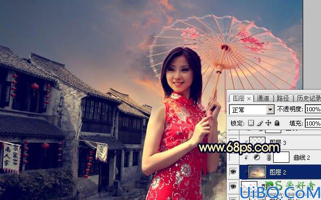 Photoshop美女照片调色实例：给中国风古典美女图片调出唯美的霞光色