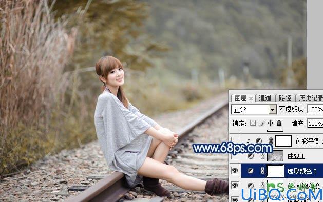 Photoshop美女后期调色教程：给铁路上的清纯女孩照片调出唯美的中性黄褐