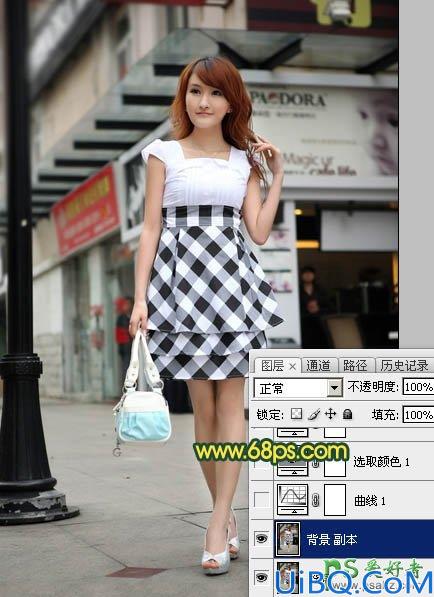 Photoshop给街景上自拍的可爱女孩儿生活照调出温暖的阳光青色调