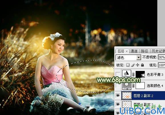 Photoshop给绿草地上的唯美女生婚纱照调出漂亮的高对比度秋景色
