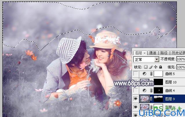 Photoshop婚片后期调色：给草丛中的唯美婚片写真图片调出梦幻的中性蓝灰